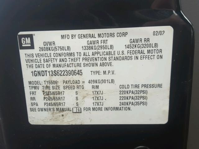 1GNDT13S622390645 - 2002 CHEVROLET TRAILBLAZE BLACK photo 10