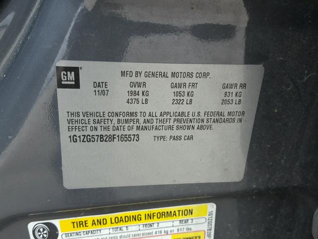 1G1ZG57B28F165573 - 2008 CHEVROLET MALIBU LS GRAY photo 10