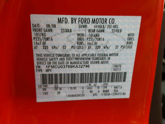 1FMCU03769KA32796 - 2009 FORD ESCAPE XLT RED photo 10