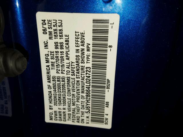 5J6YH28664L024723 - 2004 HONDA ELEMENT EX BLUE photo 10