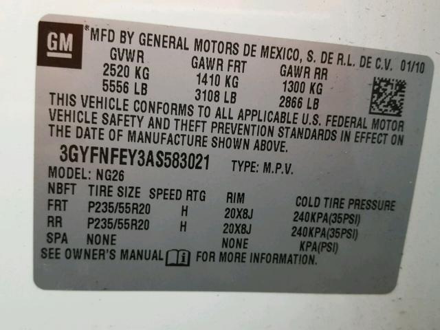 3GYFNFEY3AS583021 - 2010 CADILLAC SRX PREMIU WHITE photo 10