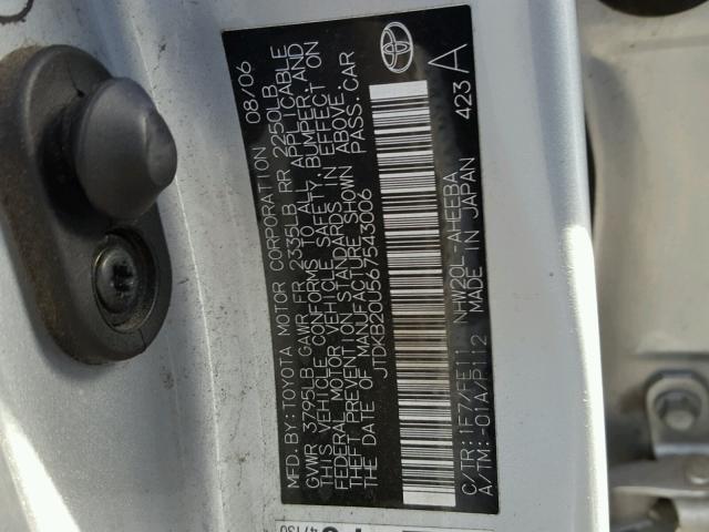 JTDKB20U567543006 - 2006 TOYOTA PRIUS SILVER photo 10