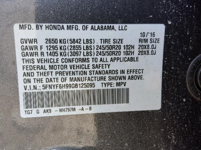 5FNYF6H99GB125095 - 2016 HONDA PILOT TOUR GRAY photo 10