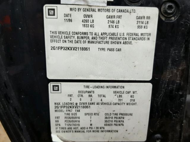 2G1FP32KXV2118061 - 1997 CHEVROLET CAMARO BAS 黑色 照片 10