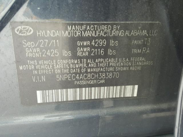 5NPEC4AC8CH383870 - 2012 HYUNDAI SONATA SE BLUE photo 10