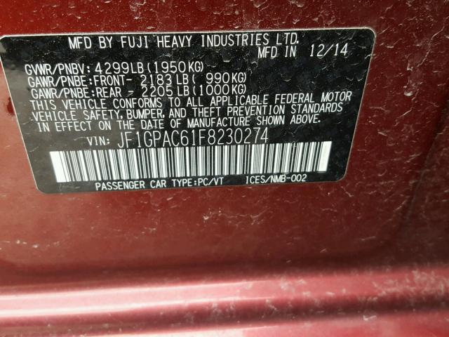 JF1GPAC61F8230274 - 2015 SUBARU IMPREZA PR RED photo 10