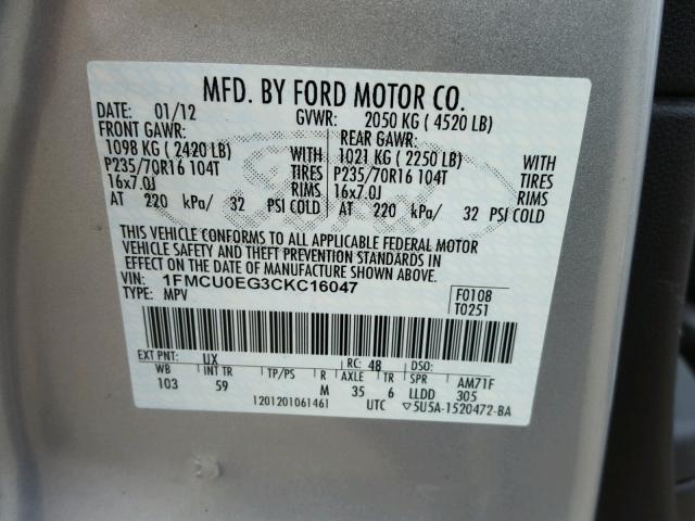 1FMCU0EG3CKC16047 - 2012 FORD ESCAPE LIM GRAY photo 10