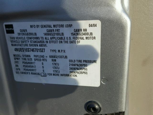 4NUES16S746701527 - 2004 ISUZU ASCENDER S ვერცხლისფერი ფოტო 10