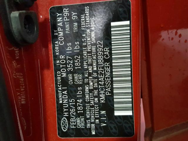 KMHCT4AE2FU889922 - 2015 HYUNDAI ACCENT GLS RED photo 10