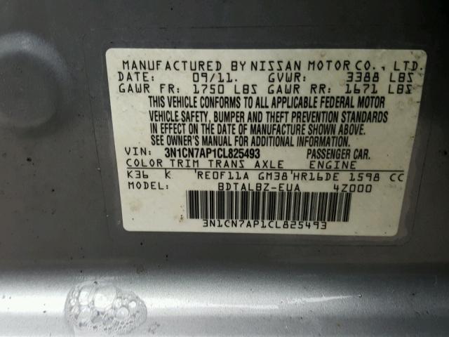 3N1CN7AP1CL825493 - 2012 NISSAN VERSA S GRAY photo 10