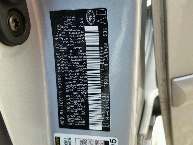 2T1BY30E85C475181 - 2005 TOYOTA COROLLA XR 银色 照片 10