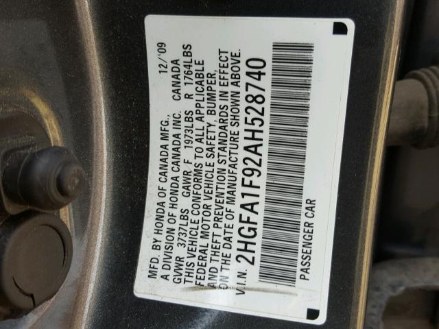 2HGFA1F92AH528740 - 2010 HONDA CIVIC EXL GRAY photo 10