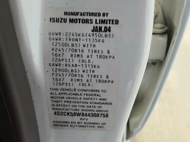 4S2CK58W844308758 - 2004 ISUZU RODEO S WHITE photo 10