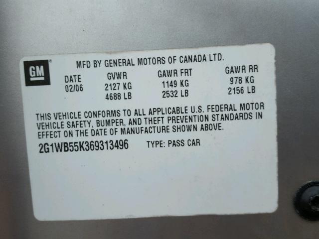 2G1WB55K369313496 - 2006 CHEVROLET IMPALA LS SILVER photo 10