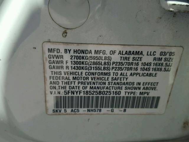 5FNYF18525B025160 - 2005 HONDA PILOT EXL WHITE photo 10