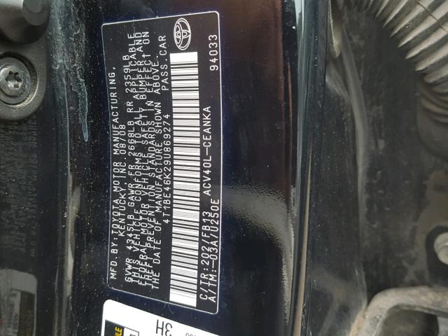 4T1BE46K29U869274 - 2009 TOYOTA CAMRY BASE BLACK photo 10