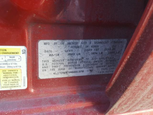 KL1TD5DE5AB091378 - 2010 CHEVROLET AVEO LS 栗色 照片 10