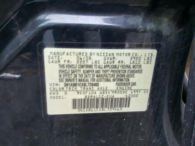 3N1AB61EX8L729460 - 2008 NISSAN SENTRA 2.0 BLACK photo 10