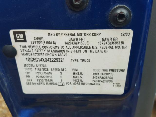 1GCEC14X34Z229221 - 2004 CHEVROLET SILVERADO BLUE photo 10