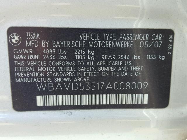 WBAVD53517A008009 - 2007 BMW 335 XI SILVER photo 10