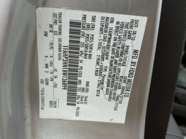 1FAHP3HN1BW136899 - 2011 FORD FOCUS SEL SILVER photo 10