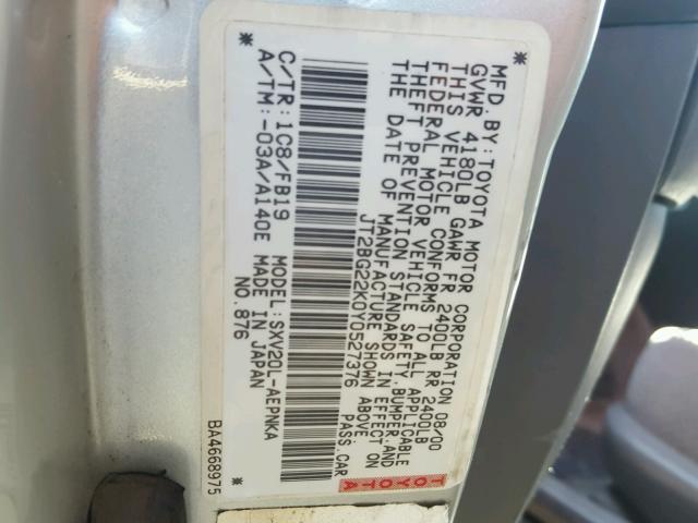 JT2BG22K0Y0527376 - 2000 TOYOTA CAMRY CE SILVER photo 10