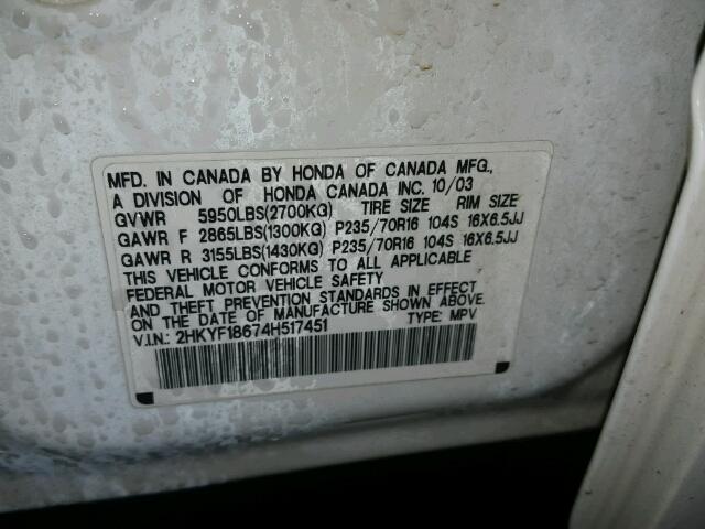 2HKYF18674H517451 - 2004 HONDA PILOT EXL WHITE photo 10