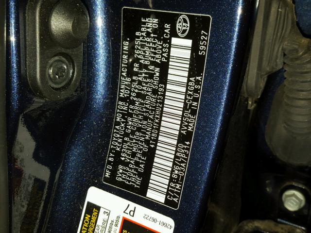 4T1BD1FKXHU213193 - 2017 TOYOTA CAMRY HYBR BLUE photo 10