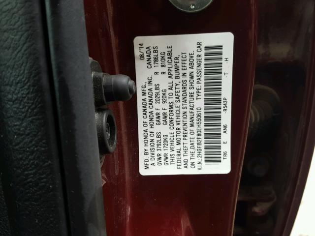 2HGFB2F80EH550610 - 2014 HONDA CIVIC EX მუქწითელი ფოტო 10