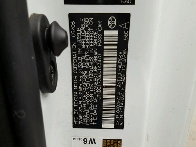 JTKDE177860143470 - 2006 TOYOTA SCION TC 白色 照片 10