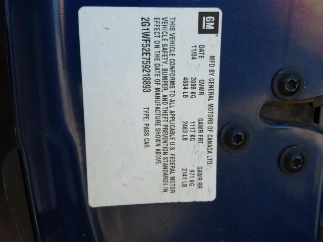 2G1WF52E759218893 - 2005 CHEVROLET IMPALA 蓝色 照片 10