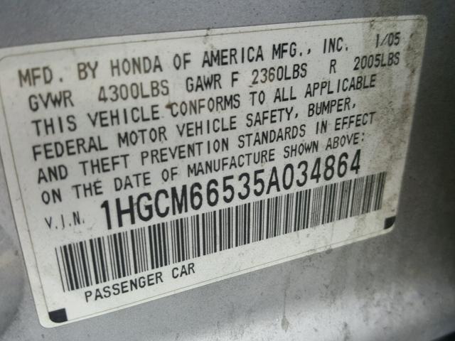 1HGCM66535A034864 - 2005 HONDA ACCORD EX SILVER photo 10