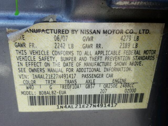 1N4AL21E27N491417 - 2007 NISSAN ALTIMA 2.5 GRAY photo 10