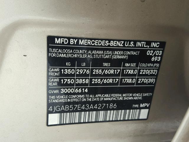 4JGAB57E43A427186 - 2003 MERCEDES-BENZ ML 350 GOLD photo 10