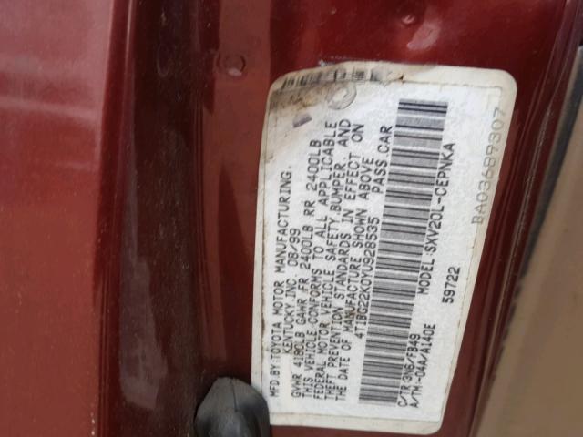 4T1BG22K0YU928535 - 2000 TOYOTA CAMRY CE BURGUNDY photo 10