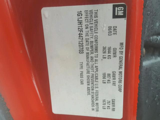 1G1JH12F447120703 - 2004 CHEVROLET CAVALIER L RED photo 10