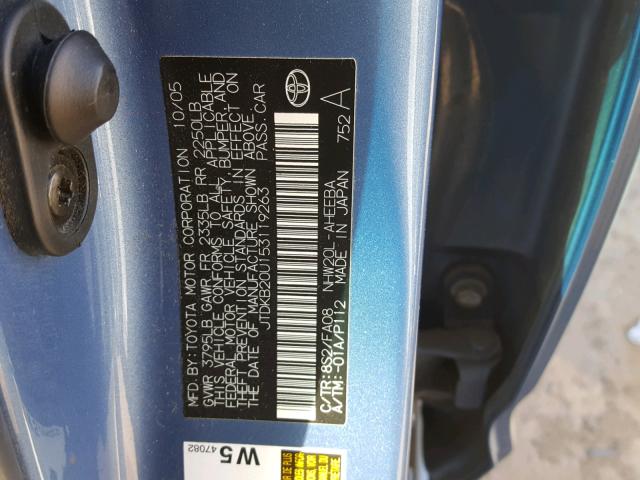 JTDKB20U153119263 - 2005 TOYOTA PRIUS BLUE photo 10