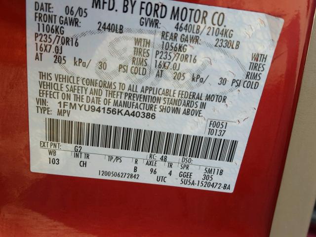 1FMYU94156KA40386 - 2006 FORD ESCAPE LIM RED photo 10