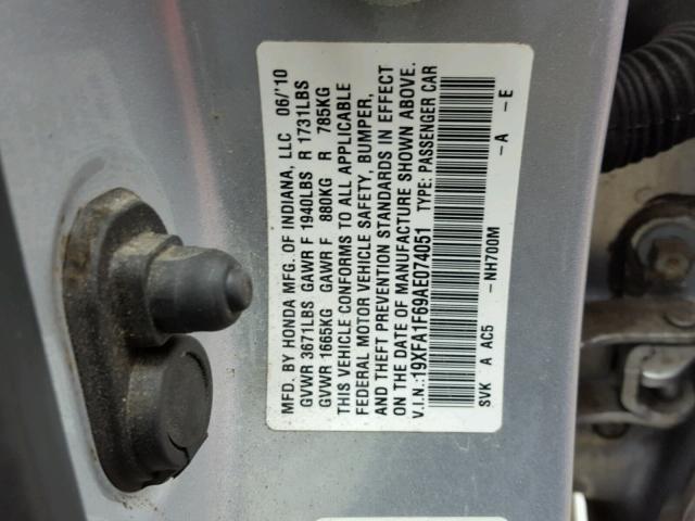 19XFA1F69AE074051 - 2010 HONDA CIVIC SILVER photo 10