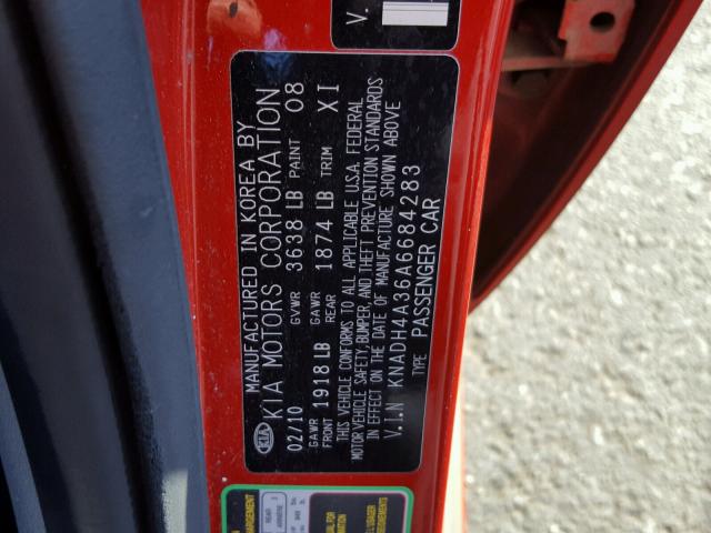 KNADH4A36A6684283 - 2010 KIA RIO LX Կարմիր լուսանկար 10
