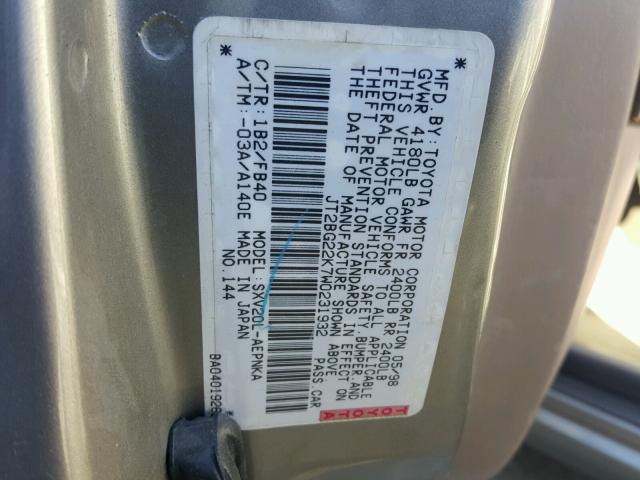 JT2BG22K7W0231932 - 1998 TOYOTA CAMRY CE BROWN photo 10