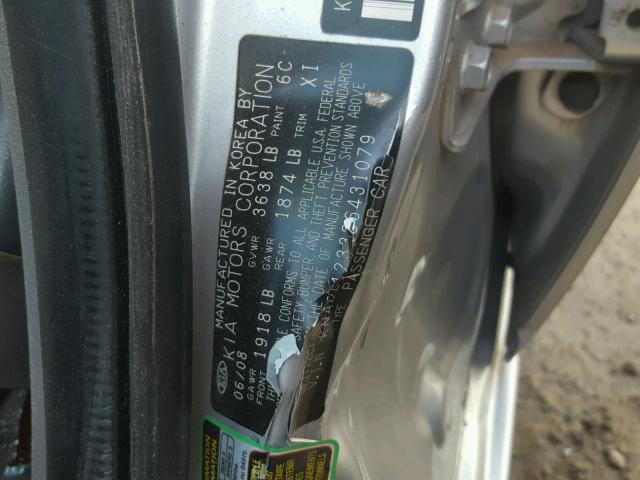 KNADE123386431079 - 2008 KIA RIO BASE SILVER photo 10