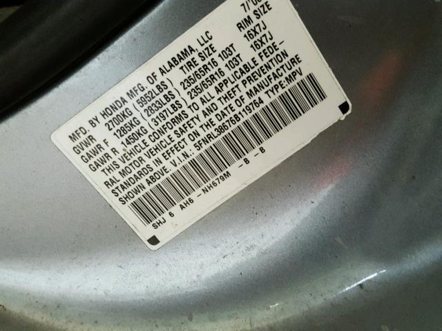 5FNRL38676B119764 - 2006 HONDA ODYSSEY EX SILVER photo 10