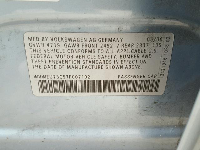 WVWEU73C57P007102 - 2007 VOLKSWAGEN PASSAT 3.6 BLUE photo 10