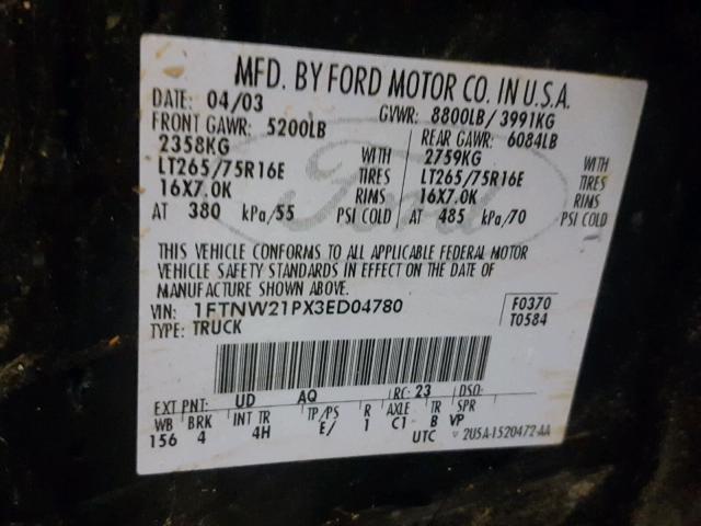 1FTNW21PX3ED04780 - 2003 FORD F250 SUPER BLACK photo 10