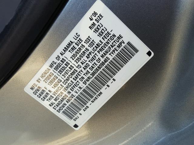 5FNRL38606B098465 - 2006 HONDA ODYSSEY EX SILVER photo 10