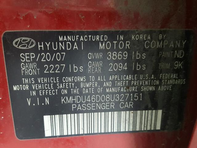 KMHDU46D08U327151 - 2008 HYUNDAI ELANTRA GL RED photo 10