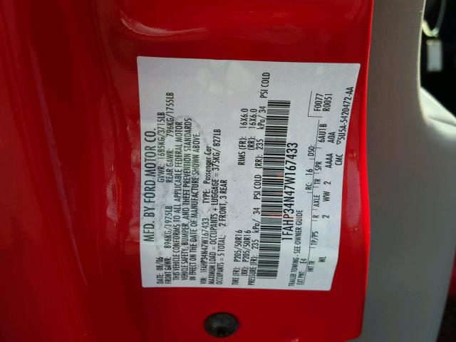 1FAHP34N47W167433 - 2007 FORD FOCUS ZX4 RED photo 10