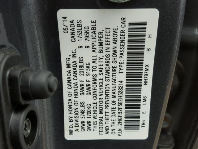 2HGFB2F56EH528214 - 2014 HONDA CIVIC LX CHARCOAL photo 10