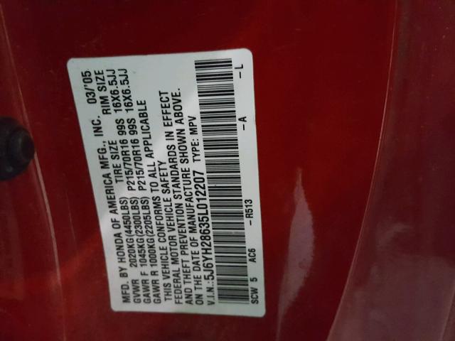 5J6YH28635L012207 - 2005 HONDA ELEMENT EX RED photo 10